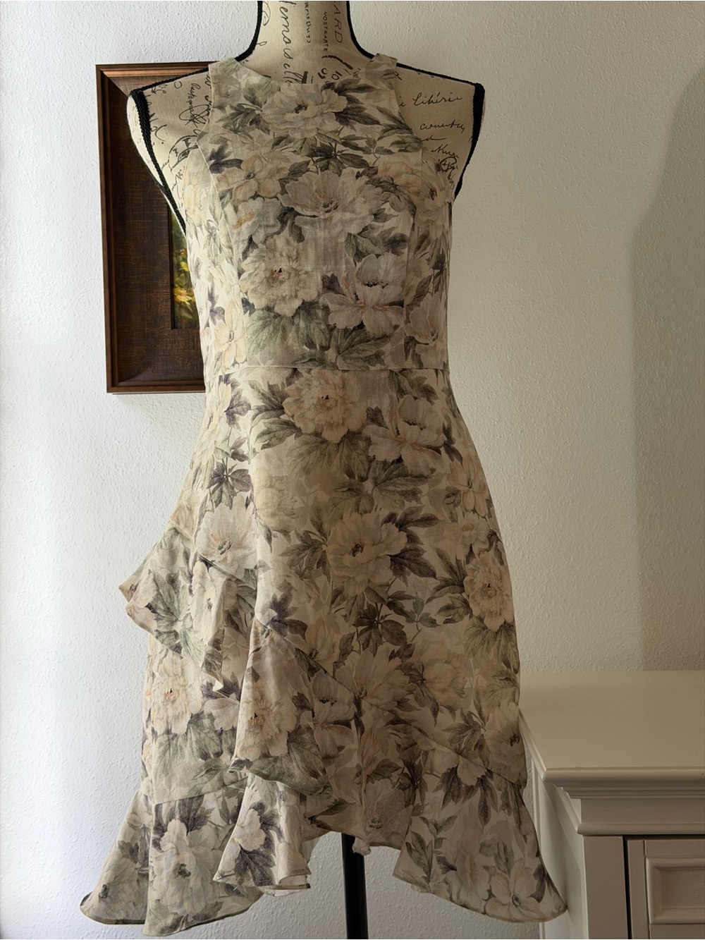 Zimmermann Floral High-Low Ruffle Dress in Cream and Green